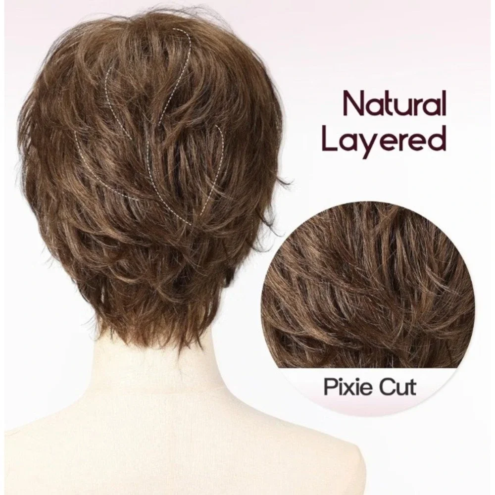 Brown Pixie Cut Wig Wavy Human Synthetic Blend Heat Friendly NEW